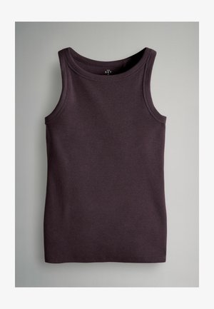 Tumedat lillad ribidega triiksärk, millel on avar kaelus ja ilma varrukateta disain. Sile tekstuur ja sirge äär, sobib kihilise pealise või igapäevaseks kandmiseks.