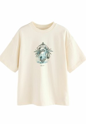 Cremefarvet bomulds t-shirt med korte ærmer, der har grafik af et palmetræ og teksten "TROPICAL" i teal. Casual pasform og blød tekstur.