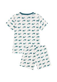 Set di pigiama a maniche corte in cotone bianco con stampa di balene turchesi. Include una t-shirt e pantaloni corti abbinati con vita elastica.