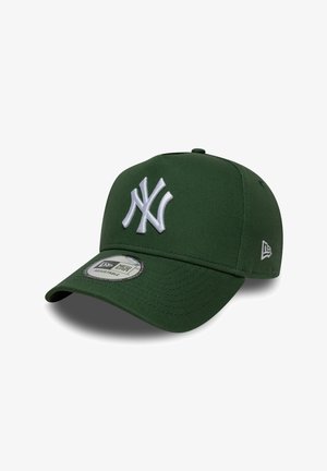Green baseball cap with a prominent white embroidered NY logo, textured fabric, adjustable strap, and rounded visor.