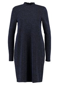 Navy blaues langärmeliges Kleid mit hohem Kragen, aus funkelndem Strickstoff, mit einer figurbetonten Silhouette, die oberhalb des Knies endet.
