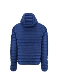 Veste matelassée légère bleue avec manches longues et capuche rembourrée attachée, vue de dos sur un fond blanc.