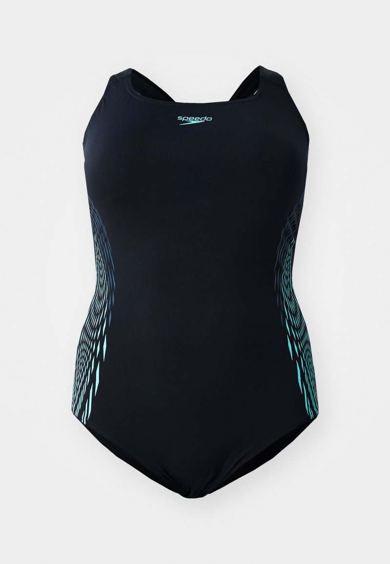 Maillot de bains noir au design épuré, avec des accents bleus et un motif en ondulations sur les côtés. Fabriqué en matériau extensible et durable.