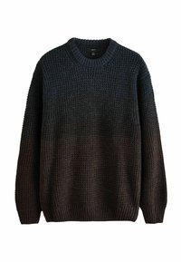 Pulover tricotat închis, cu guler rotund, având un model texturat și manșete cu dantelă. Culoare gradient de la gri închis la negru.