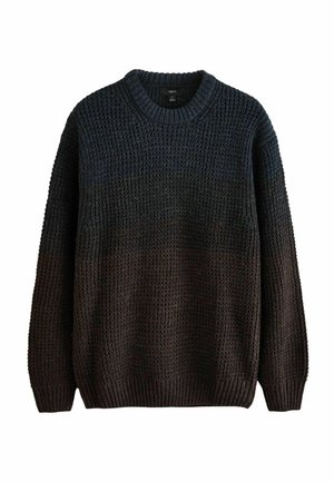 Czarny sweter robiony na drutach z okrągłym dekoltem, z wyraźnym wzorem i ściągaczami u rękawów. Gradientowy kolor od ciemnoszarego do czarnego.