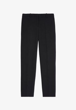 Pantalon noir en tissu lisse, présentant une coupe droite, un devant plat, des passants de ceinture et des poches latérales. Aucuns motifs ou accents visibles.