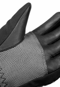 Black gloves featuring a textured gray palm and smooth black leather accents. Stitching visible along edges; designed for grip and protection.