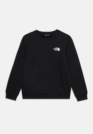 Schwarzes Sweatshirt mit Rundhalsausschnitt und langen Ärmeln, mit kleinem weißem The North Face-Logo auf der linken Brust vor einfarbigem Hintergrund.