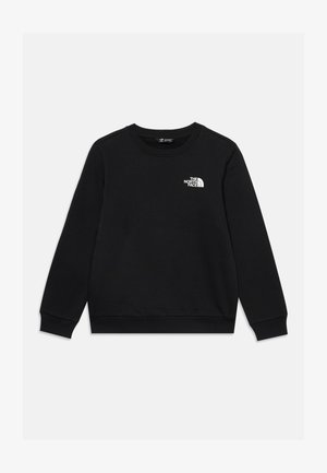 Sweat-shirt noir à col ras du cou à manches longues, avec un petit logo blanc The North Face sur la poitrine gauche sur un fond uni.