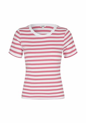 Camiseta ajustada de manga corta con rayas horizontales rosa y blancas y cuello redondo blanco.