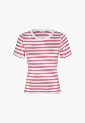 Tričko s krátkým rukávem, úzkého střihu, s vodorovnými růžovými a bílými pruhy a bílým kulatým výstřihem.