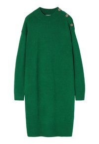 Robe pull en tricot vert avec un col et des poignets côtelés. Présente trois boutons sur l'épaule gauche. Texture douce et coupe ample.