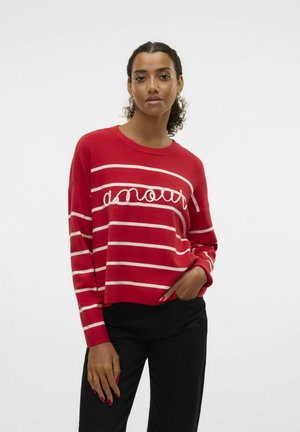 Maglione a righe rosse in tessuto a maglia con righe orizzontali bianche. "Amour" ricamato sul petto. Collo rotondo e vestibilità comoda.