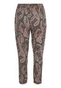 Gemusterte Hosen in dunkelgrün mit Paisley- und Punkten-Designs in Rot und Weiß; elastischer Bund; schmal zulaufendes Bein mit Bündchen an den Knöcheln.