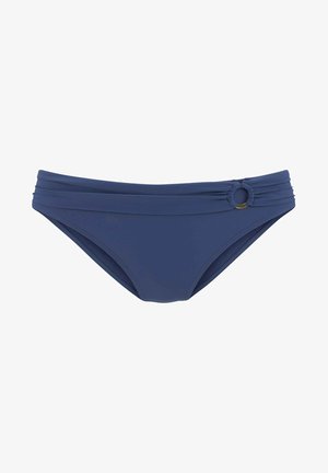 Verstellbarer dunkelblauer Bikiniunterteil mit gerafften Seitendetails und einem runden goldfarbenen Akzent an der Taille. Glatte Stofftextur.