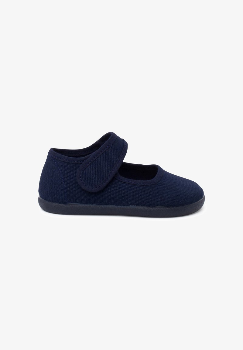 Chaussure Mary Jane bleu marine pour tout-petit avec bride ajustable à scratch et semelle en caoutchouc flexible, vue de côté sur fond blanc.