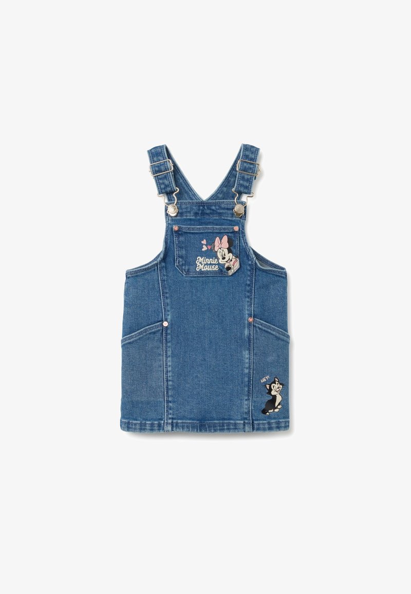 Jeansträgerkleid in Blau, mit einem Minnie-Maus-Patch und einem Cartoon-Katzen-Patch. Enthält Fronttaschen und verstellbare Träger.