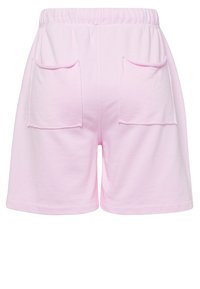 Light pink, knee-length shorts made of soft fabric. Features an elastic waistband and two back pockets with visible stitching.