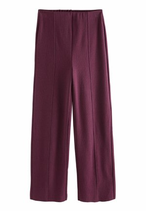 Široké kalhoty z bohaté burgundy tkaniny, s hladkým povrchem, předními záhyby a elastickým pasem pro pohodlí.