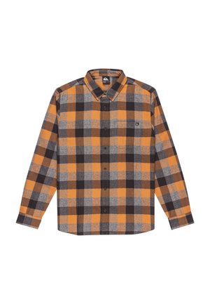 Langärmliges Flanellhemd mit einem karierten Muster in Orange, Grau und Schwarz. Es verfügt über eine Brusttasche und einen umlegbaren Kragen.