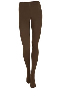 Collant marroni opachi realizzati in un materiale elasticizzato, con una texture liscia e un design senza cuciture, dotati di una comoda cintura elastica.