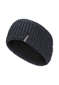 Knit headband in dark gray with a textured exterior, black fleece lining, and a small branded tag on the side.
