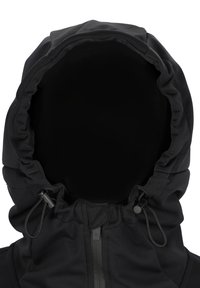 Schwarze Kapuzenjacke mit Kordelzugverschluss, aus einem glatten, wasserabweisenden Material, mit einem Reißverschluss vorne und ohne sichtbares Gesicht.