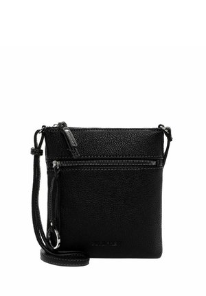 Black leather crossbody bag with textured surface, front zip pocket, and a detachable strap. Features logo embossed on the front.