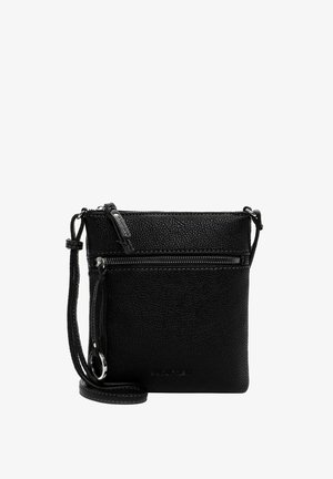 Borsa a tracolla in pelle nera con superficie texturizzata, tasca frontale con zip e tracolla removibile. Presenta il logo impresso sul davanti.