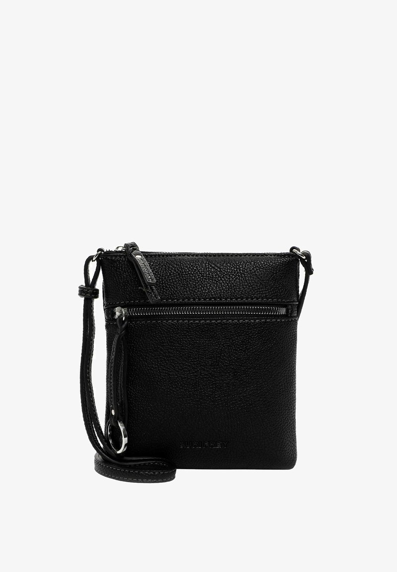 Borsa a tracolla in pelle nera con superficie texturizzata, tasca frontale con zip e tracolla removibile. Presenta il logo impresso sul davanti.