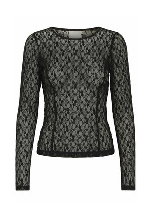 Haut à manches longues en dentelle noire avec un motif floral, décolleté arrondi et silhouette cintrée, avec un tissu texturé et des finitions unies.
