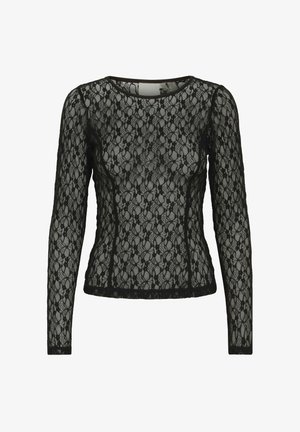 Haut à manches longues en dentelle noire avec un motif floral, décolleté arrondi et silhouette cintrée, avec un tissu texturé et des finitions unies.