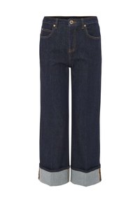 Jean large bleu marine à ourlets retroussés, fermeture à bouton et zip à l'avant, et design à cinq poches.