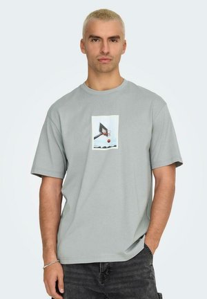 T-shirt grigio in cotone con maniche corte e collo tondo, caratterizzato da una grafica centrale di un canestro da basket e una palla.