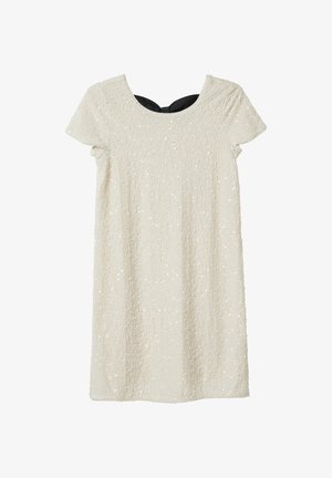 Korte mouwen, knielange jurk in crème met een getextureerd oppervlak voorzien van verspreide pailletten en een zwarte, uitgesneden rugopening.