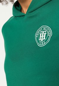 Sudadera con capucha verde de algodón, con un logo bordado en blanco que dice "Tommy Hilfiger" y "1985" en el pecho. Textura suave.