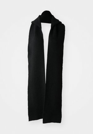 Black knitted scarf featuring a textured pattern, long rectangular shape, and a soft fabric. Hangs from a hanger against a light background.
