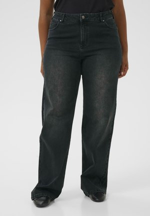 High-waisted, straight-leg jeans in dark wash denim. Features five pockets, belt loops, and metallic button closure. Smooth texture.