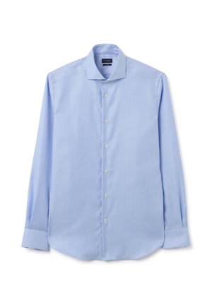 Camicia a maniche lunghe azzurro chiaro con un fine motivo a quadretti. Presenta un colletto a punta, chiusura con bottoni e orlo arrotondato. Realizzata in tessuto morbido.