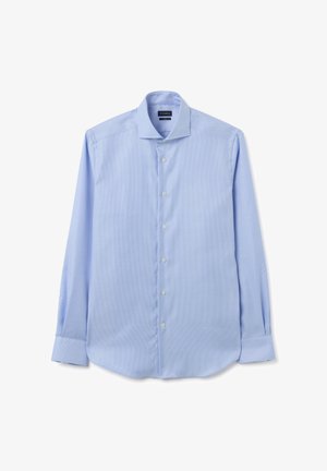 Camicia a maniche lunghe azzurro chiaro con un fine motivo a quadretti. Presenta un colletto a punta, chiusura con bottoni e orlo arrotondato. Realizzata in tessuto morbido.