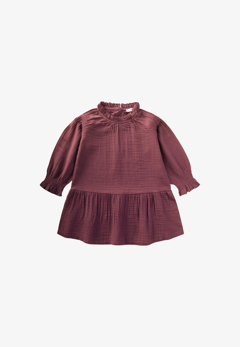 Vaikiška su ilgomis rankovėmis suknelė dulkinto rožinio atspalvio, su rauktu apykakle, suklota krūtine ir platėjančios sijono detalėmis.