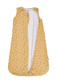 Musselin-Schlafsack in Gelb mit bunten Punkten, ausgestattet mit einem Frontreißverschluss und ärmellosem Design. Weicher Textil mit Innenfutter.