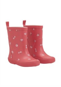 Bottes de pluie en caoutchouc rose avec des motifs de cerises et de fraises, présentant une texture lisse, un design à cheville basse et des languettes arrière pour un enfilage facile.