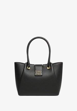 Borsa a mano in pelle nera testurizzata con due manici, dettagli in oro e patta frontale con logo intrecciato "ER" in oro.