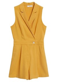 Žlutý overal bez rukávů s výstřihem do V, dvouřadým zapínáním, úzkým pasem a bočními kapsami. Vyrobeno z hladké látky s akcentem knoflíku.