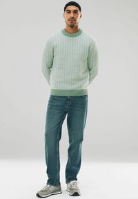 Mintgrüner Strickpullover mit einem strukturierten Muster, Rundhalsausschnitt, kombiniert mit blauen Jeans und grauen Sneakers. Einfaches und lässiges Design.