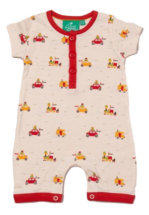 Jonf pique beige à manches courtes en coton avec des accents rouges, mettant en avant des motifs colorés de véhicules, incluant des voitures et des trains, avec des boutons-pression.