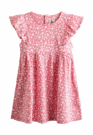 Vaaleanpunainen taaperomekko, jossa on valkoinen kukkakuvio, liehuvat hihat ja kerrostettu vyötärö.
