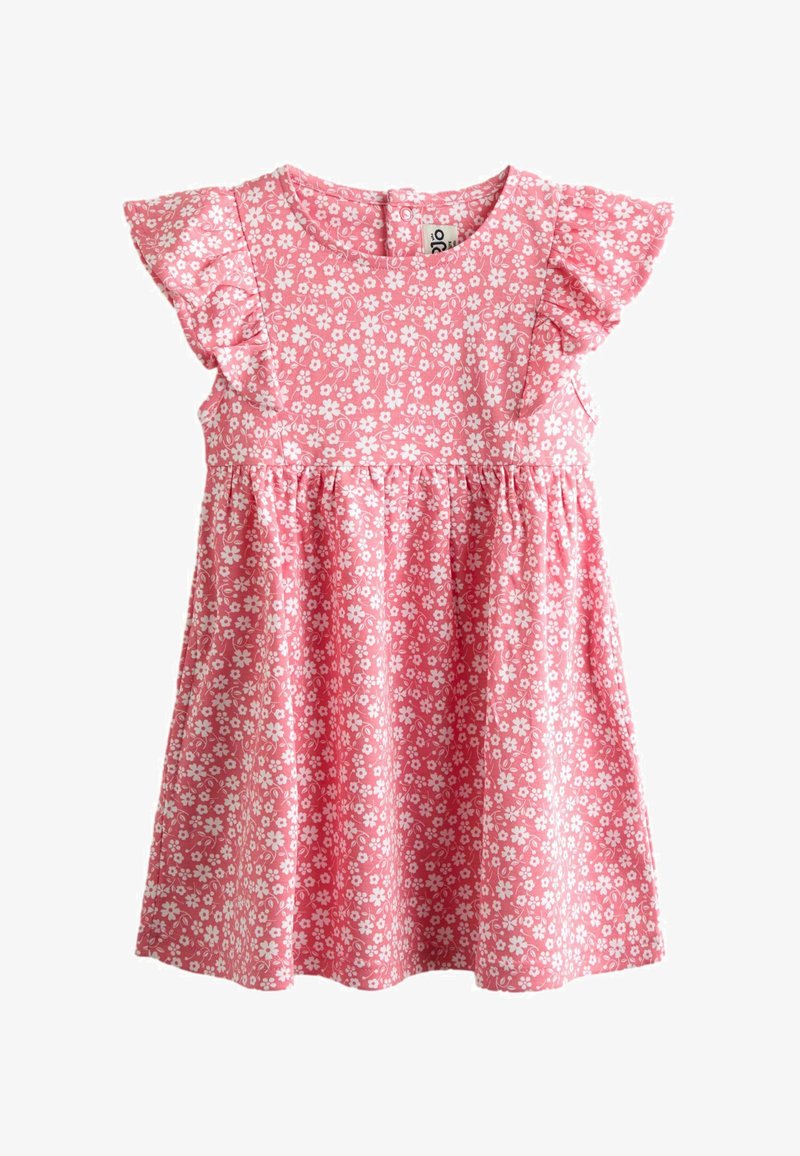 Różowa sukienka dla malucha z białym kwiatowym wzorem, falbaniastymi rękawami i marszczonym pasem.