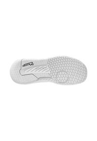 Hvid sneakersål med en hexagonal struktur, der har et glat centralt panel og et cirkulært element nær hælen. Brandlogoet er synligt.